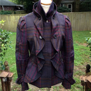 BCBGMaxAzria purple plaid ruffle military pea coat